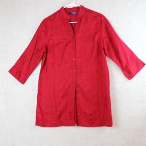 Karen Scott Sport Sz M Womens Top Red V-Neck Damask Linen Blend Tunic 3/4 Sleeve